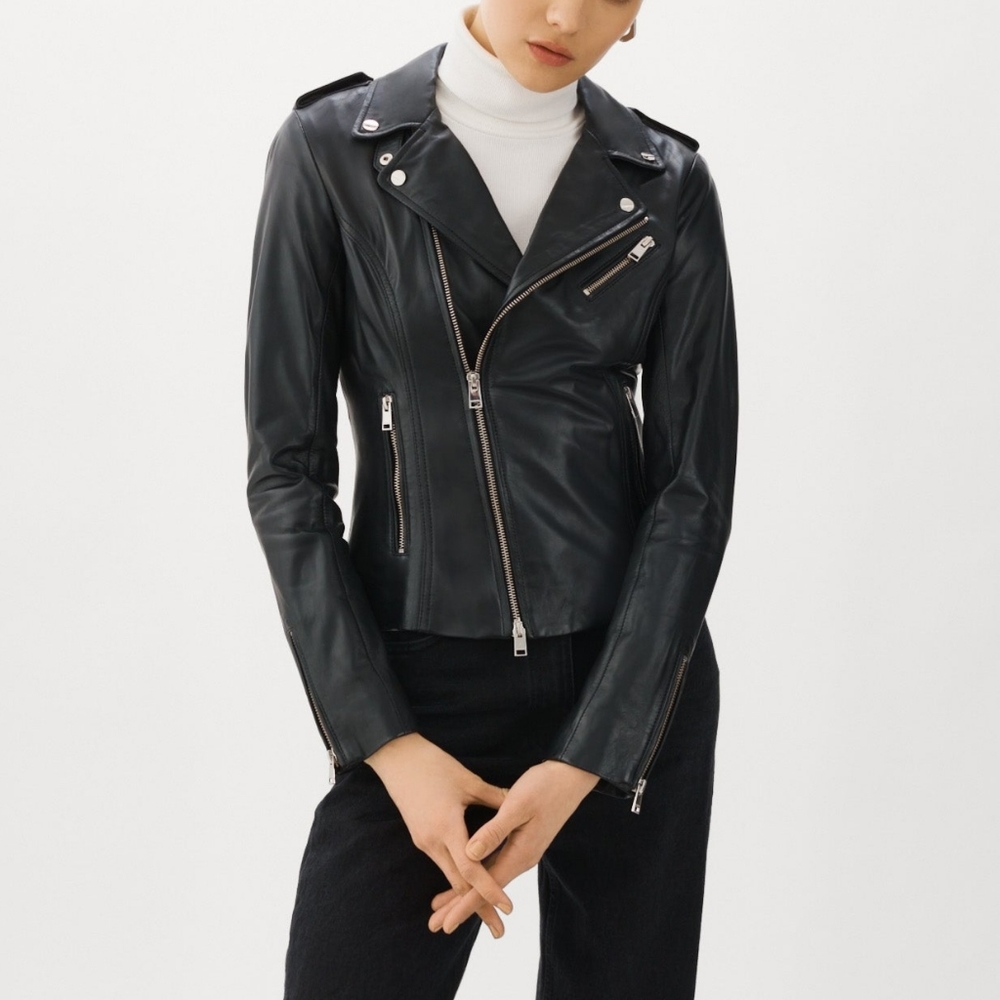 Lamarque Black Leather Moto Jacket with Silver Hardware